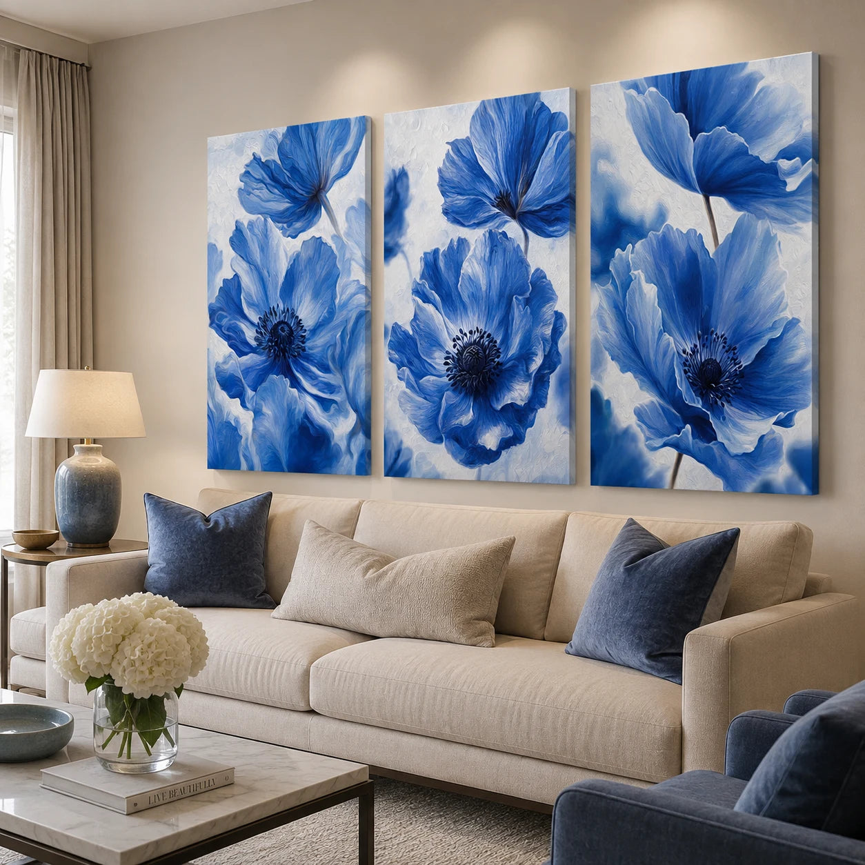 Triptyque fleurs bleues moderne en trois tableaux