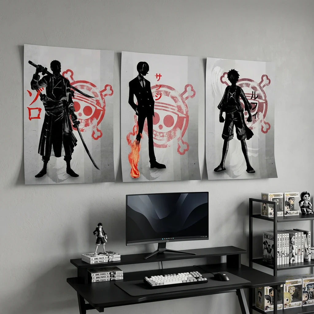 Triptyque manga Luffy Zoro Sanji pour bureau ou chambre gaming