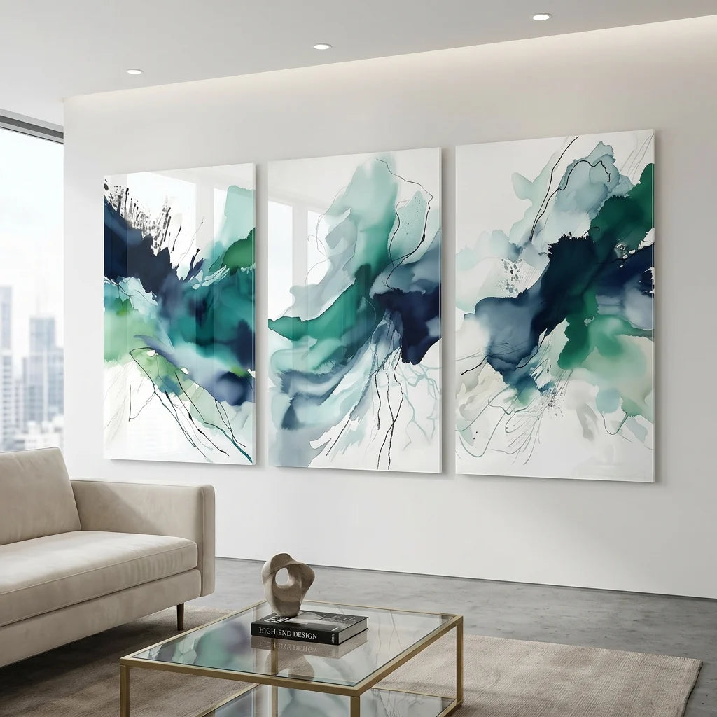 Triptyque mural contemporain aux nuances bleu pétrole et vert émeraude