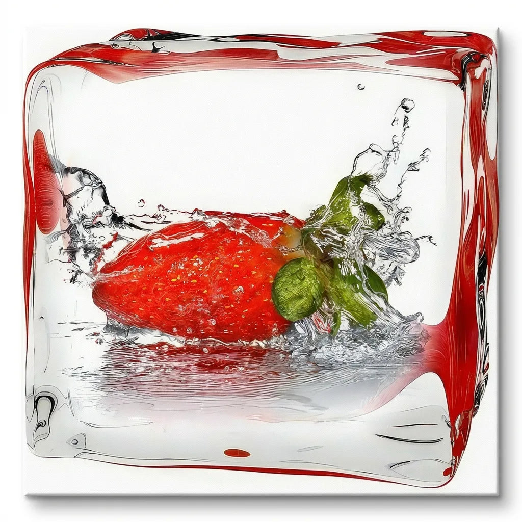 Tableau Cuisine Glaçons et Fruits - 40x40cm / Fraise / Toile tendue sur châssis - Tableau Cuisine