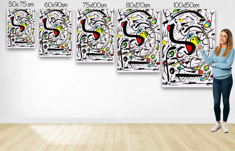 A woman stands next to a series of five abstract paintings titled " wall art : Another's Dream," featuring bold black lines and vibrant splashes of red, green, yellow, and blue against a white background.