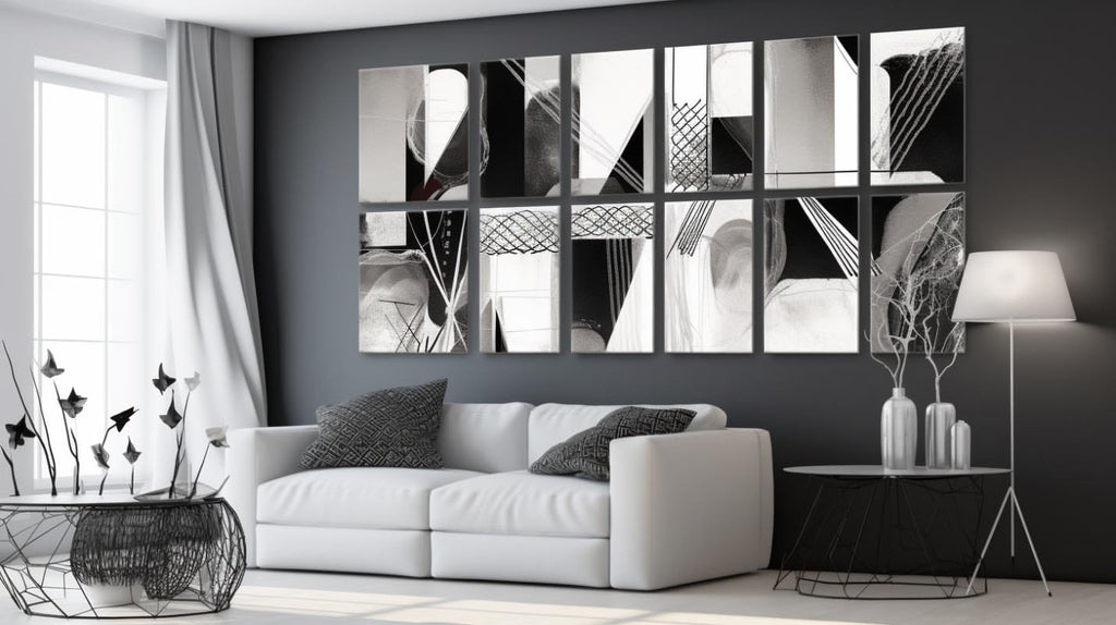 tableau abstrait noir et blanc sur toile en matériau moderne décorant un salon contemporain transformant votre espace de vie