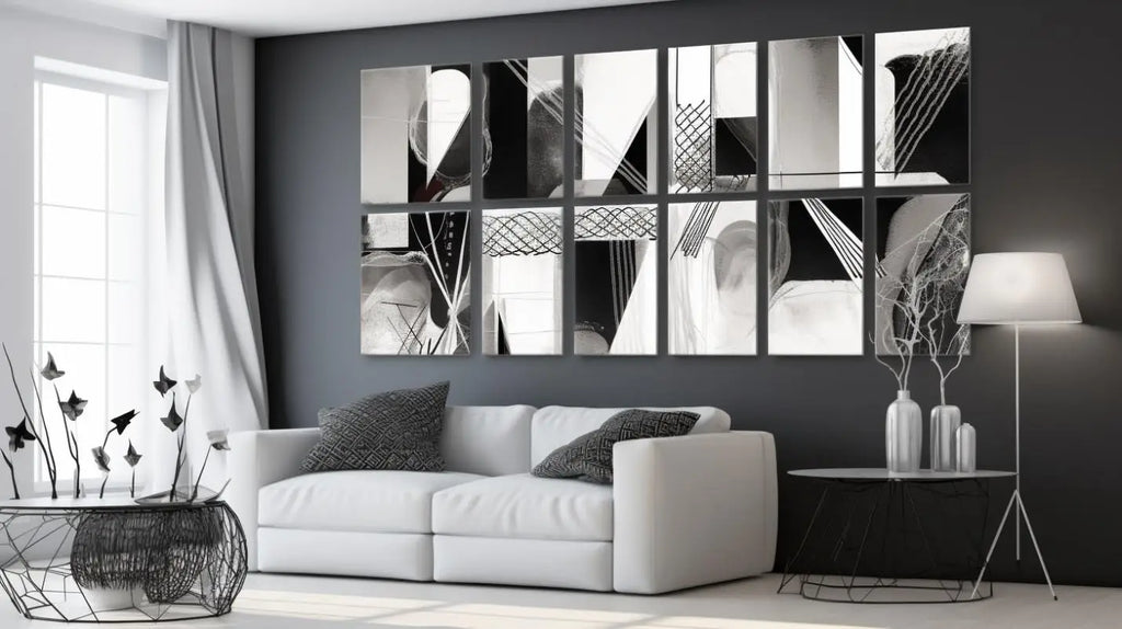 tableau abstrait noir et blanc sur toile en matériau moderne décorant un salon contemporain transformant votre espace de vie