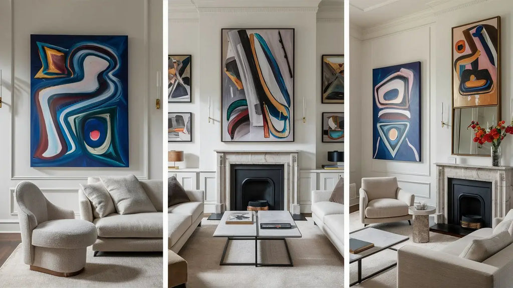 art mural abstrait géométrique avec des tourbillons bleus, blancs et orange dans un cadre moderne pour décorer la maison