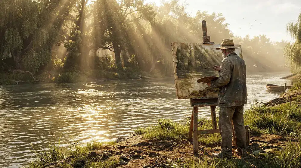 Un artiste coiffé d'un chapeau à large bord se tient devant un chevalet, peignant sur une toile usée qui repose sur le cadre en bois de son support.