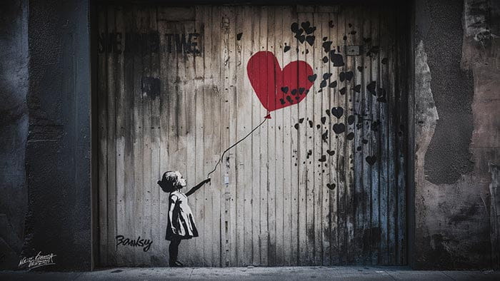 Découvrez le tableau street art parfait avec un ballon rouge en forme de cœur peint à la bombe sur une porte de garage en bois usée.