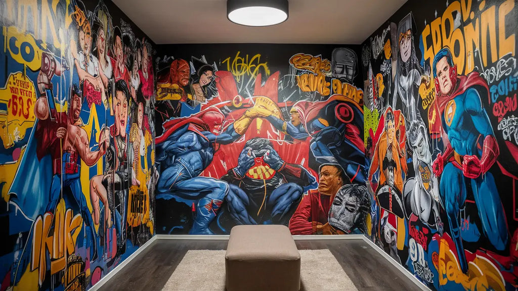 banquette beige tapissée dans une pièce avec des murs vibrants décorés de graffiti sur le thème des superhéros pour intégrer du street art chez vous