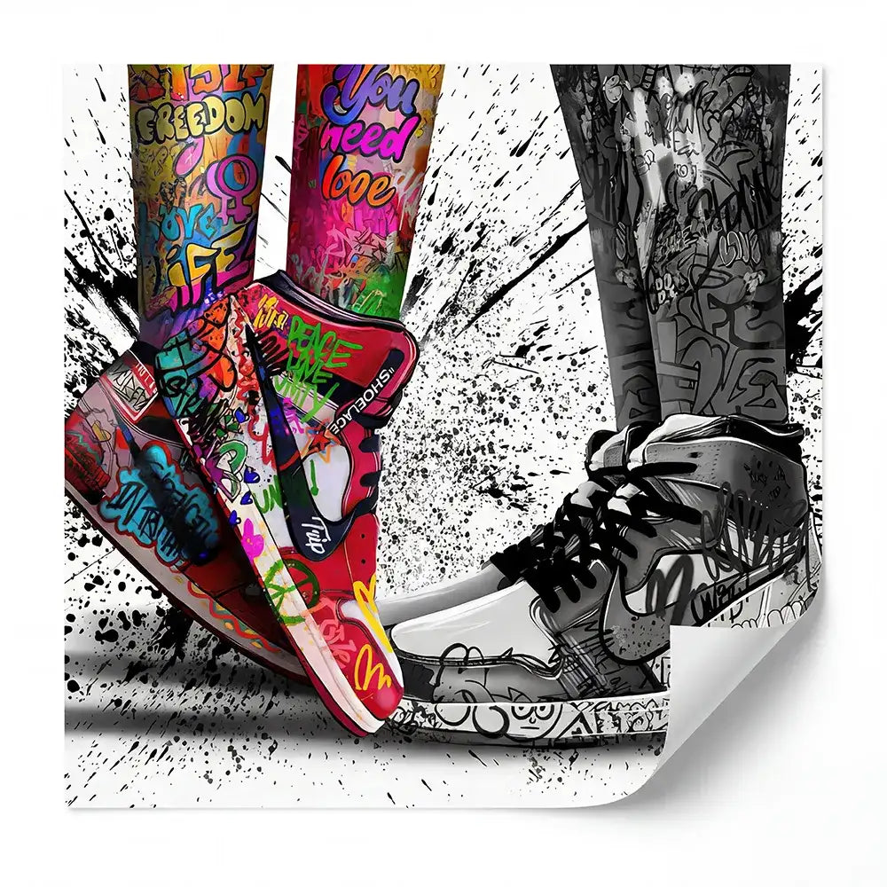 Une basket Nike Air Jordan 1 montante vibrante, couverte de graffitis, en rouge et blanc avec des designs audacieux d'art de rue.