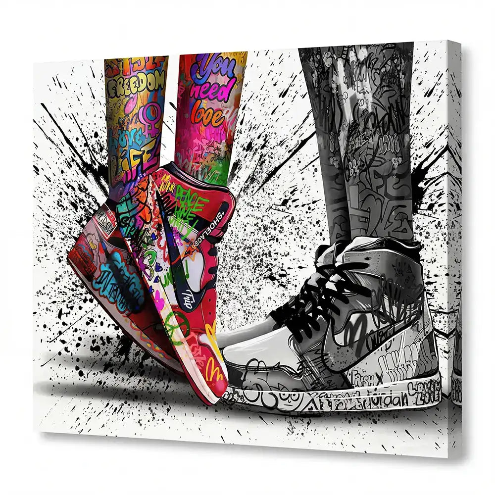 Baskets vibrantes couvertes de graffitis avec des designs audacieux et colorés et des lacets noirs.