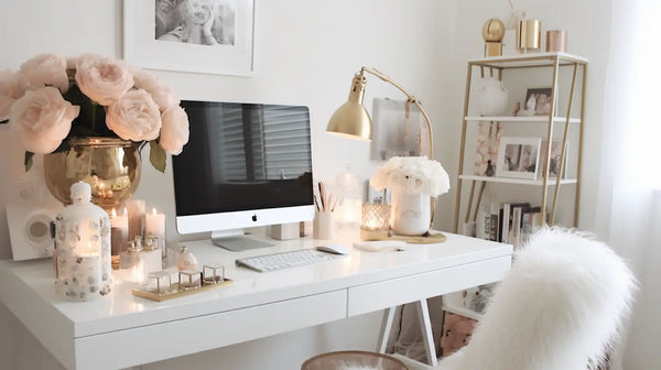 bureau blanc minimaliste avec accents dorés et design moderne épuré dans une décoration pour transformer votre maison en un paradis