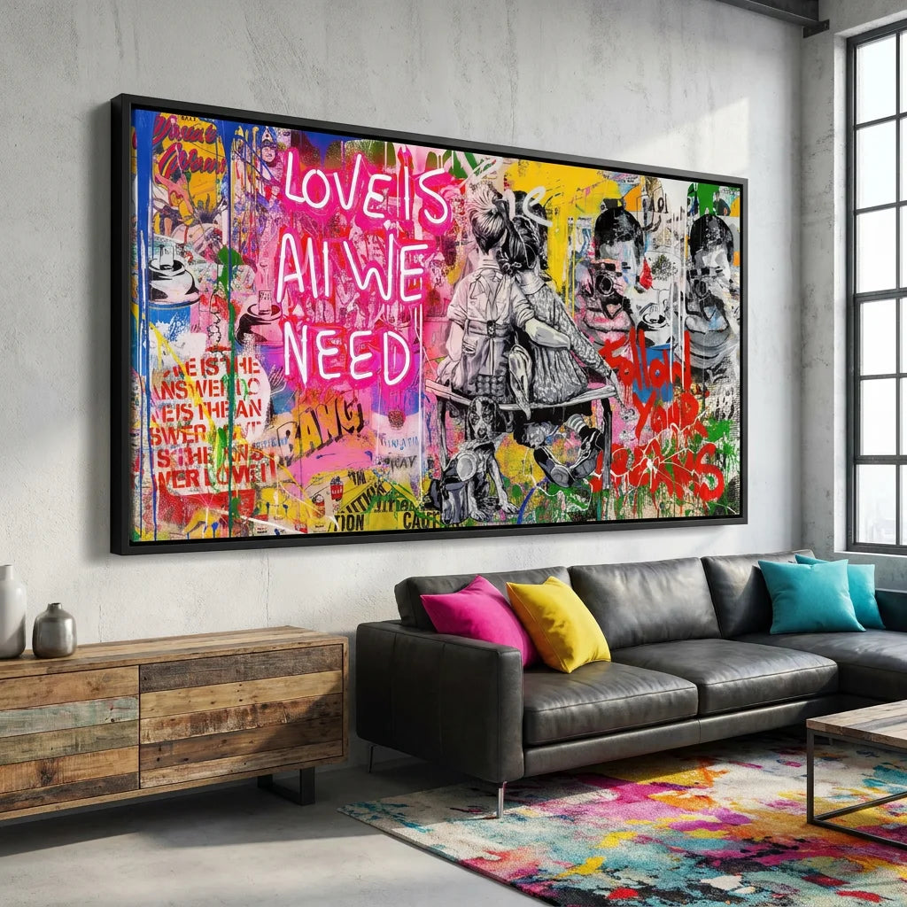 Tableau Street Art Love is all we Need - 100x50cm / Cadre noir - Tableau Street Art