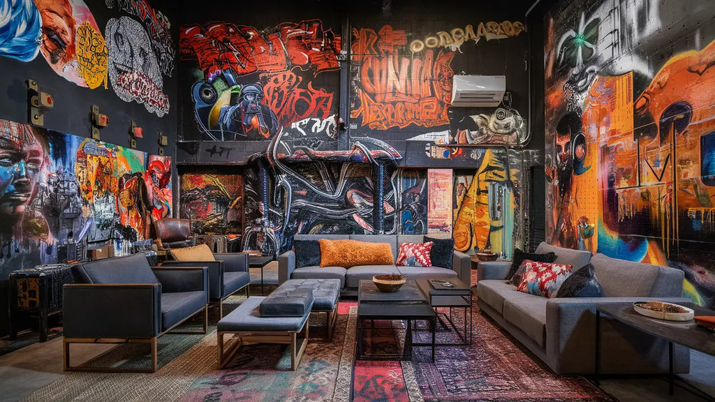 canapé dangle gris avec coussins orange et à motifs dans un salon décoré avec du street art