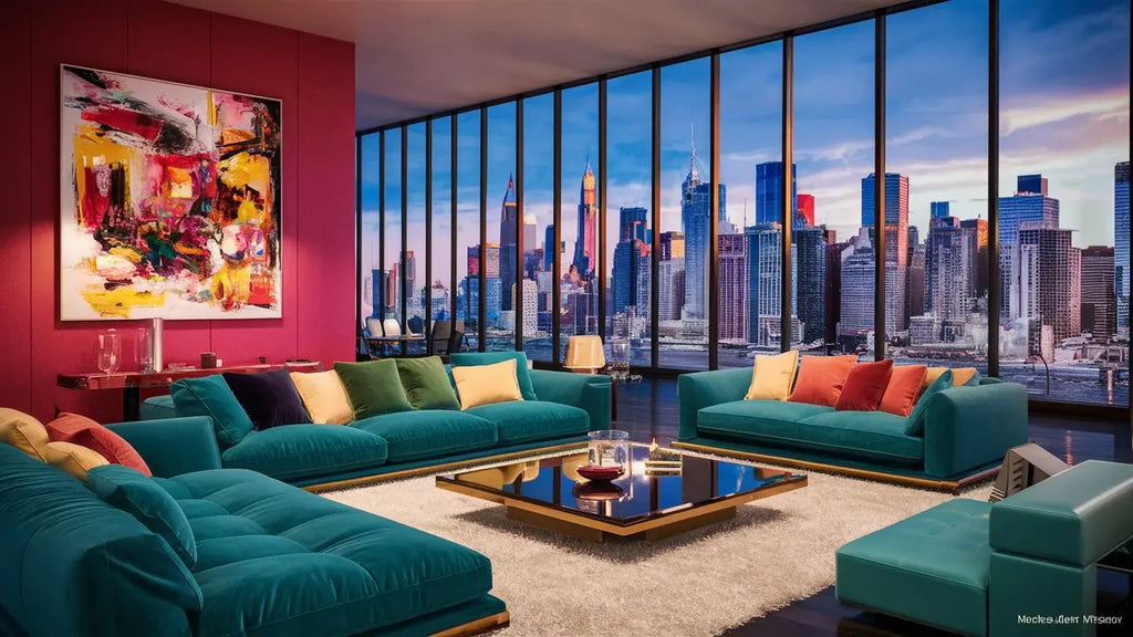 canapé dangle en velours teal avec coussins colorés pour décorer les murs