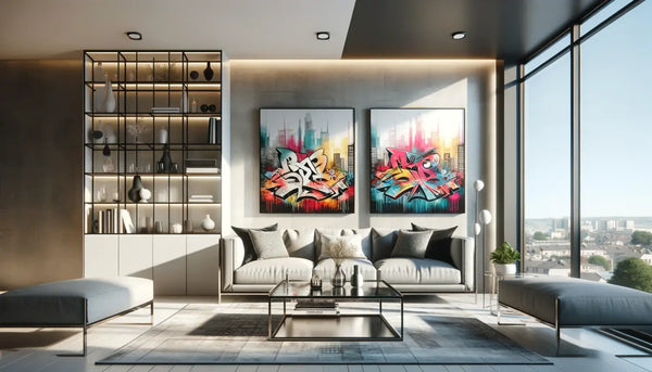 canapé moderne gris avec design minimaliste épuré et coussins assortis dans un salon contemporain intégrant un graffiti