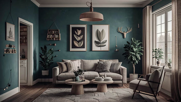 canapé beige en tissu avec plusieurs coussins à motifs et tapis aux tons neutres pour embellir vos murs avec des idées simples