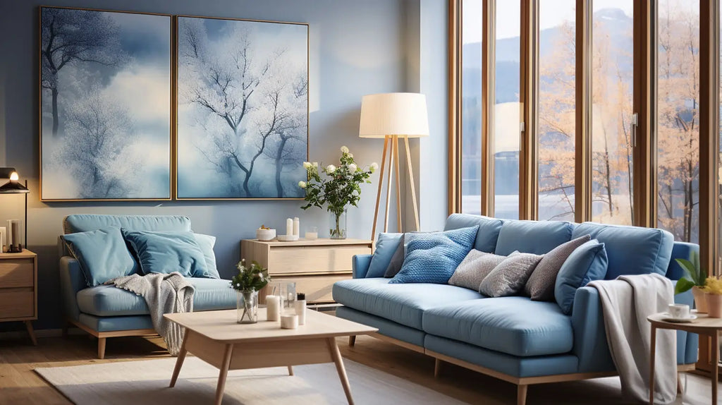 canapé bleu avec assise en tissu et pieds en bois doté de plusieurs coussins décoratifs dans un article meuble et déco guide pratique