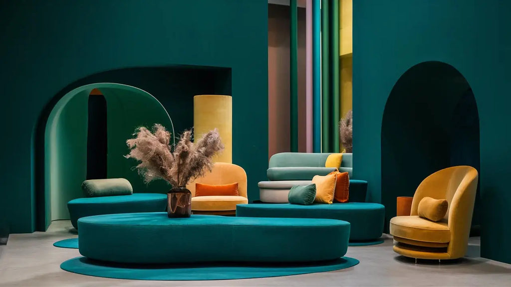 canapé d’angle circulaire teal avec coussins moelleux et design moderne incurvé dans un article sur les tendances de couleurs et motifs en décoration contemporaine