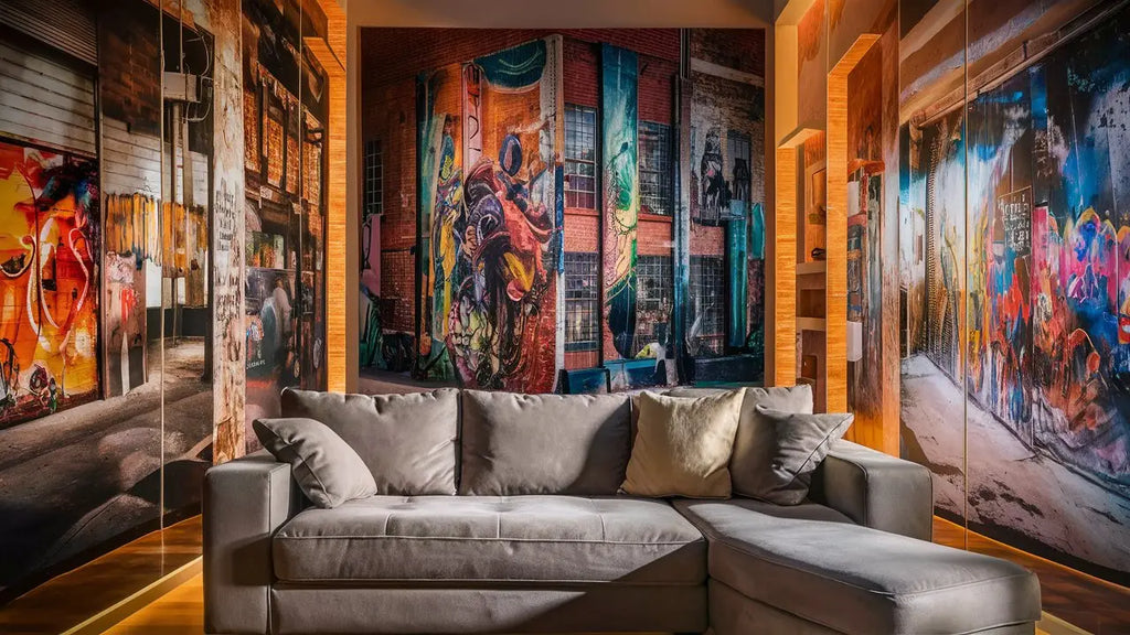 canapé d’angle tufté gris avec coussins assortis dans un salon décoré avec des toiles uniques