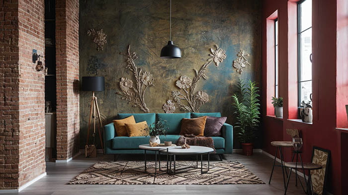 canapé teal avec coussins décoratifs jaunes et marron illustrant comment embellir vos murs avec des idées simples