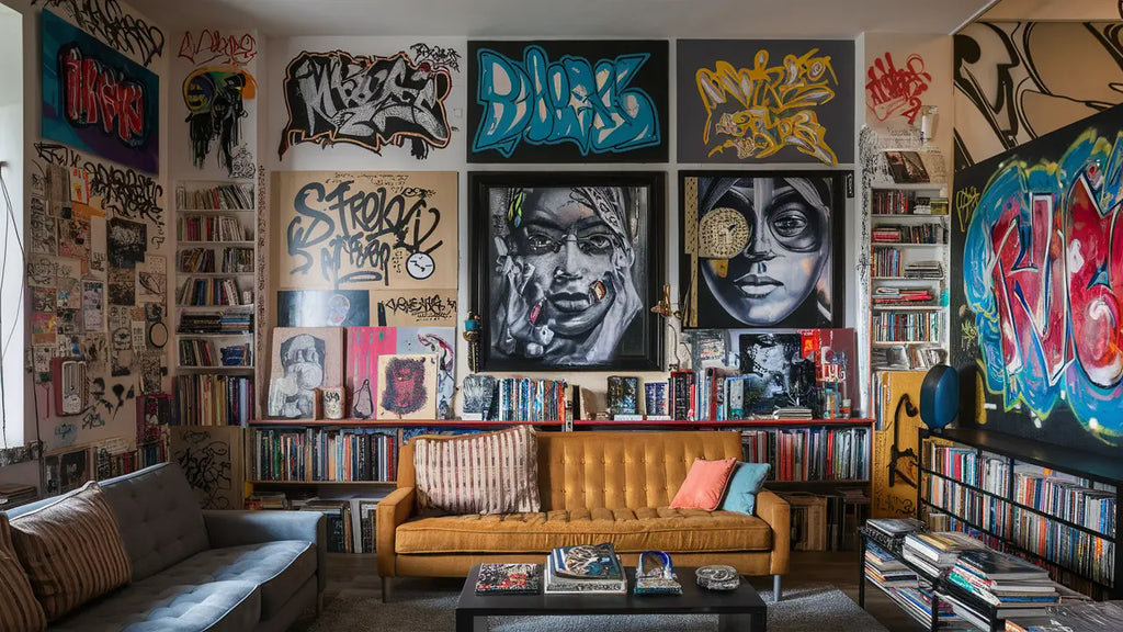 canapé en velours orange avec pompons et coussins rayés et unis, idéal pour intégrer du street art dans votre décoration intérieure