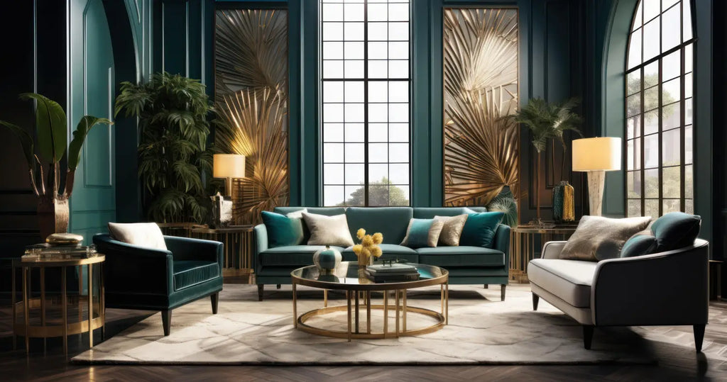 canapé en velours bleu sarcelle avec accoudoirs ornés de finitions dorées et coussins assortis dans un article intitulé meuble et déco guide pratique