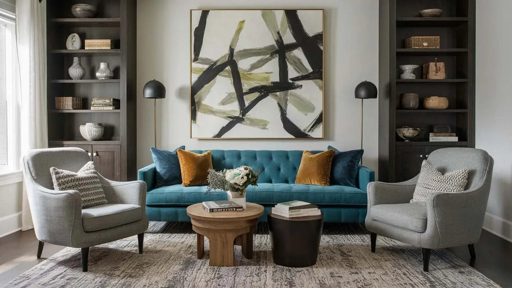 Sofa en velours capitonné bleu sarcelle avec coussins décoratifs bleu marine et moutarde illustrant le contraste dans une déco moderne.