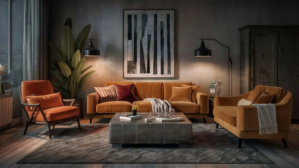 canapé en velours orange chaud avec coussins assortis et couverture grise texturée drapée sur un accoudoir dans une décoration moderne jouant avec les contrastes