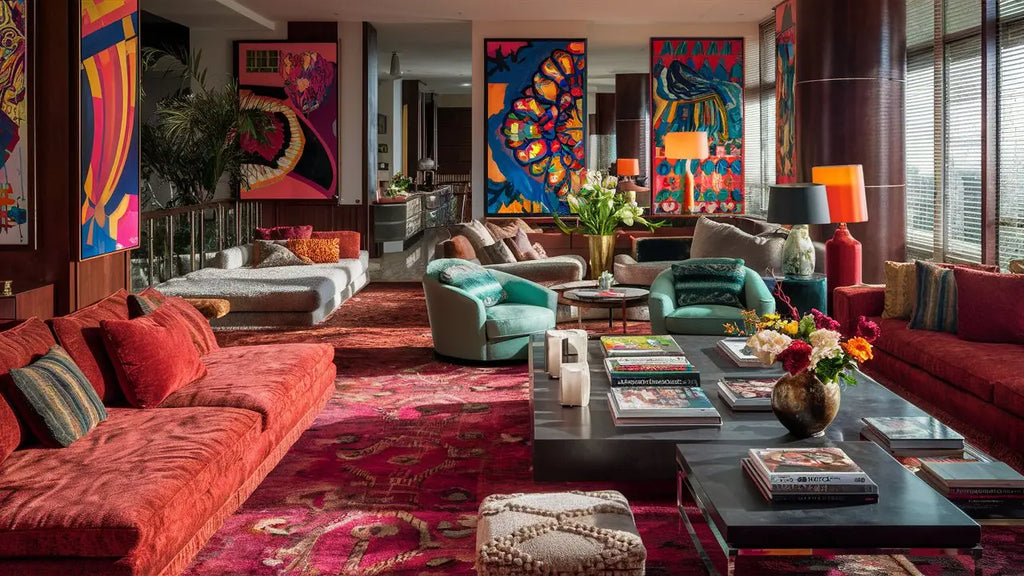 canapé en velours rouge vif avec coussins moelleux et oreillers à rayures pour décorations maison afin dembellir les murs