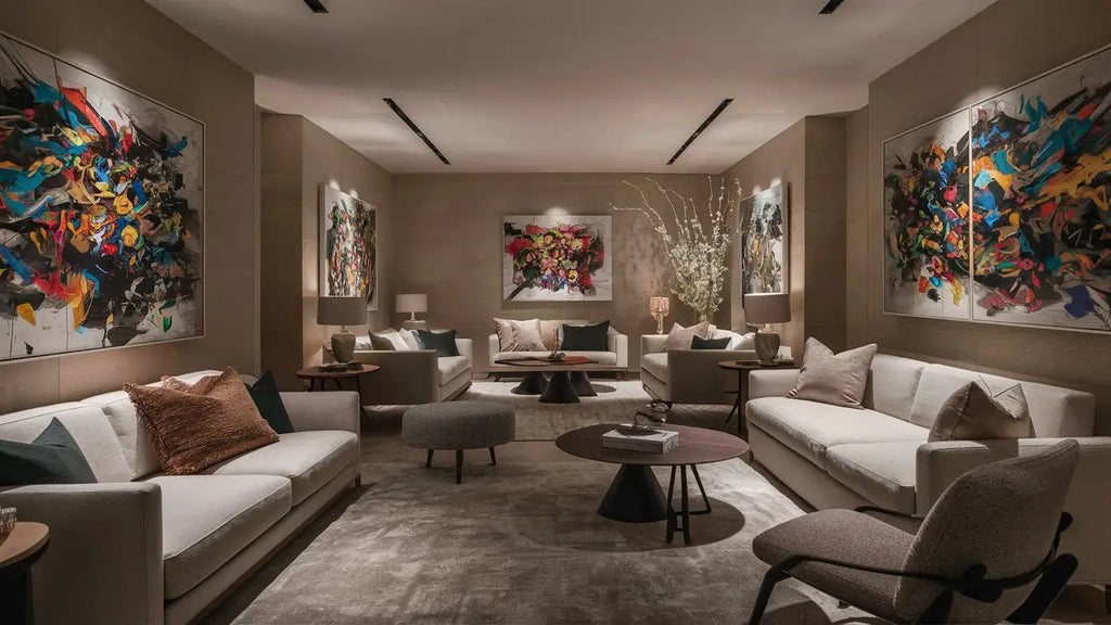 sectionnel beige en tissu avec coussins texturés et tables basses en bois foncé dans un salon intégrant lart abstrait à la maison