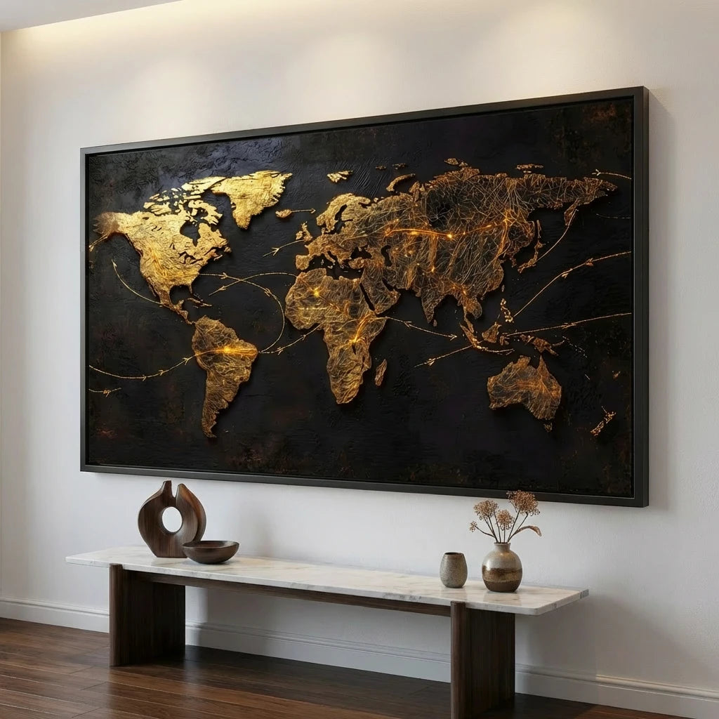 World Map Art Print - 20 x 40 in  Black Floating Frame  World Map Art Print