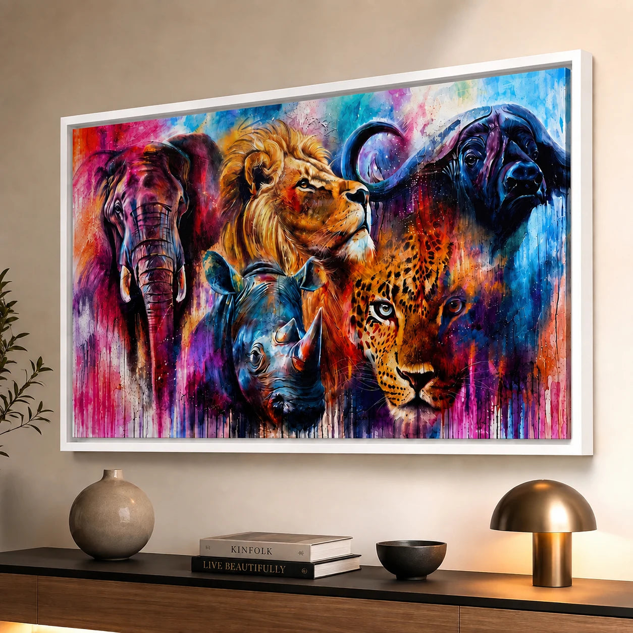 Tableau Big Five Afrique Coloré - 50x100cm / Cadre blanc - Tableau Animaux