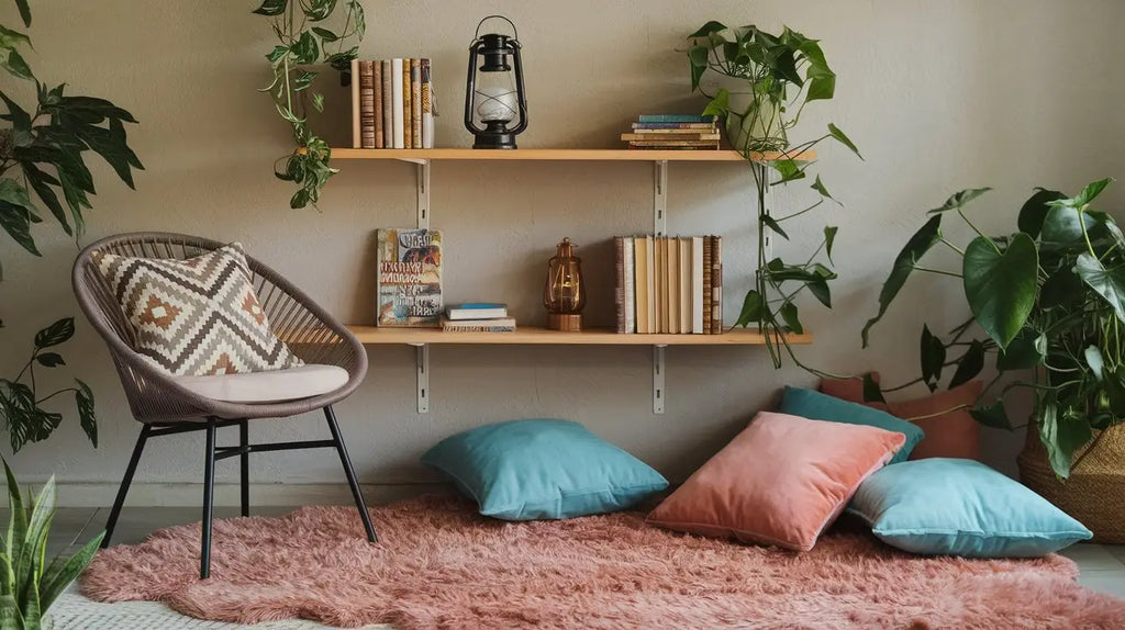chaise en osier tressé avec pieds en métal noir et coussin à motifs pour aménager un coin lecture cosy dans votre chambre