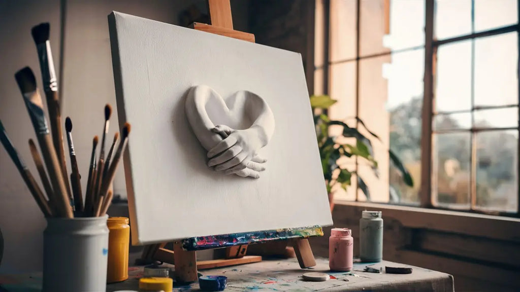 cœur blanc sculpté en argile avec deux mains délicatement jointes au centre pour décorer sa maison avec des toiles uniques