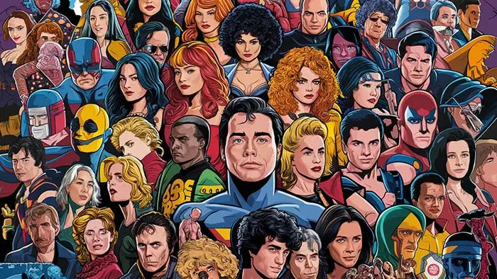 une décoration moderne avec une collage vibrant et dense de personnages de bande dessinée en costumes colorés et coiffures variées inspirant lart artistique