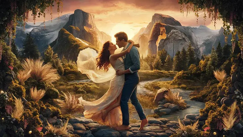 un couple en étreinte avec la femme en robe blanche fluide et l’homme en pantalon bleu illustrant des idées de décoration murale originales et personnalisées