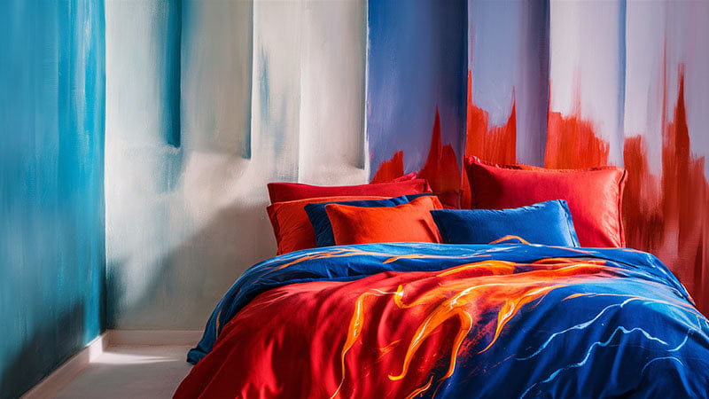 ensemble de housse de couette rouge vif et bleu avec motif de flammes orange flamboyantes pour décorer sa chambre avec style