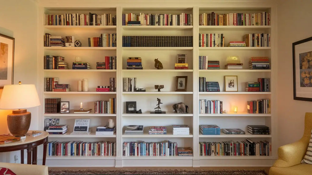 bibliothèque encastrée crème avec plusieurs étagères remplies de livres, objets décoratifs et photos encadrées pour aménager un coin lecture cosy dans une chambre