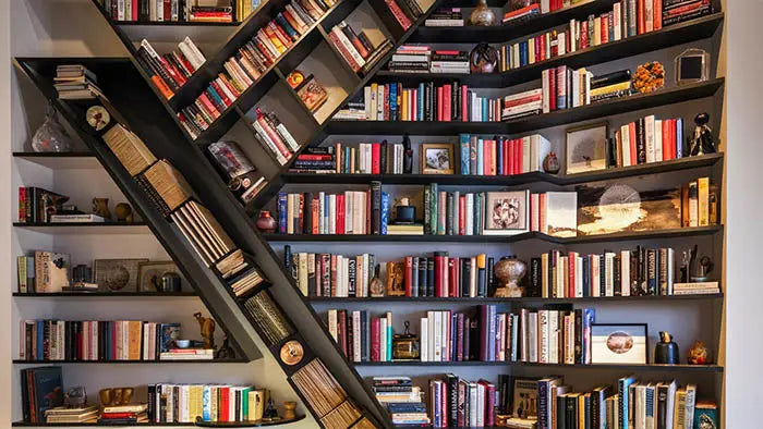 bibliothèque en forme d’escalier noire remplie de livres de différentes tailles et couleurs avec des objets décoratifs pour embellir vos murs avec des idées simples