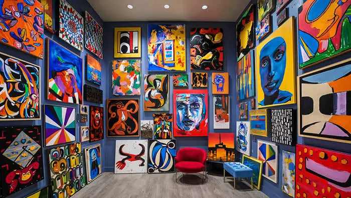 une chaise rouge vibrante avec un cadre en métal élégant au centre dune pièce remplie dœuvres dart dans un article sur les améliorations techniques pour tableaux contemporains