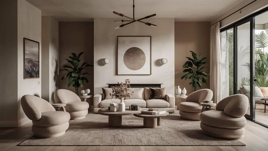 beige fauteuils lounge rembourrés aux formes arrondies et évoquant des nuages avec des surfaces en tissu doux dans un article sur les tendances de couleurs et motifs en décoration contemporaine