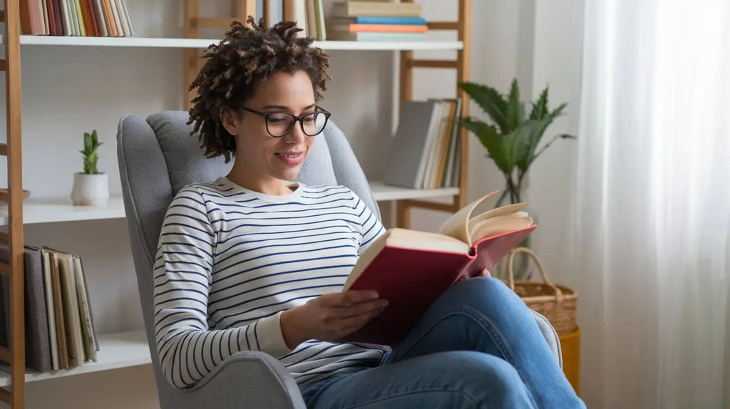 une femme aux cheveux bouclés et lunettes est assise confortablement dans un fauteuil gris en lisant un livre à couverture rouge, illustrant 5 astuces pour aménager un coin lecture cosy dans votre chambre.