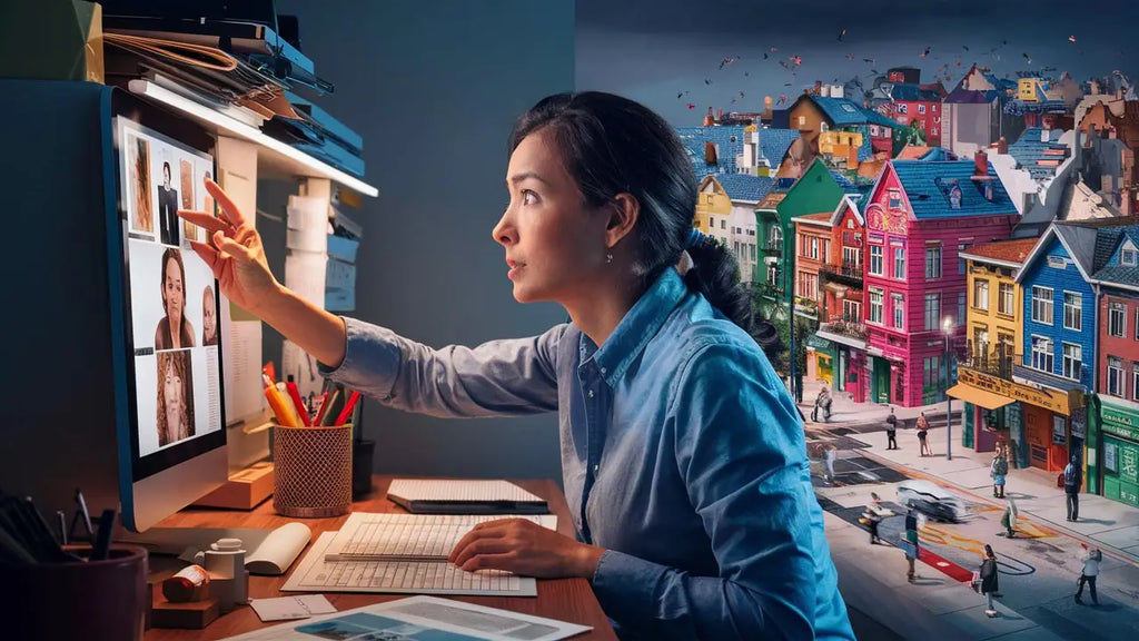 femme en chemise bleue utilisant un ordinateur pour un appel vidéo avec plusieurs participants dans un article sur comment créer une toile personnalisée avec vos photos préférées