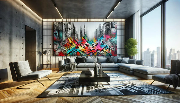 un mur avec une fresque de graffiti multicolore et vibrante réalisée en style spray paint, intégrée dans un salon moderne et épuré