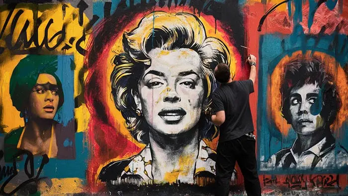 une fresque murale vibrante représentant un portrait stylisé de marilyn monroe avec des accents jaunes et rouges audacieux peinte sur un mur urbain dans un article intitulé découvrez le tableau street art parfait