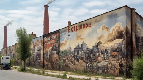 le tableau représentant une scène industrielle détaillée avec des cheminées en brique rouge et des cheminées d’usine émettant des panaches noirs sous un ciel nuageux dans l histoire fascinante du tableau un voyage à travers le temps