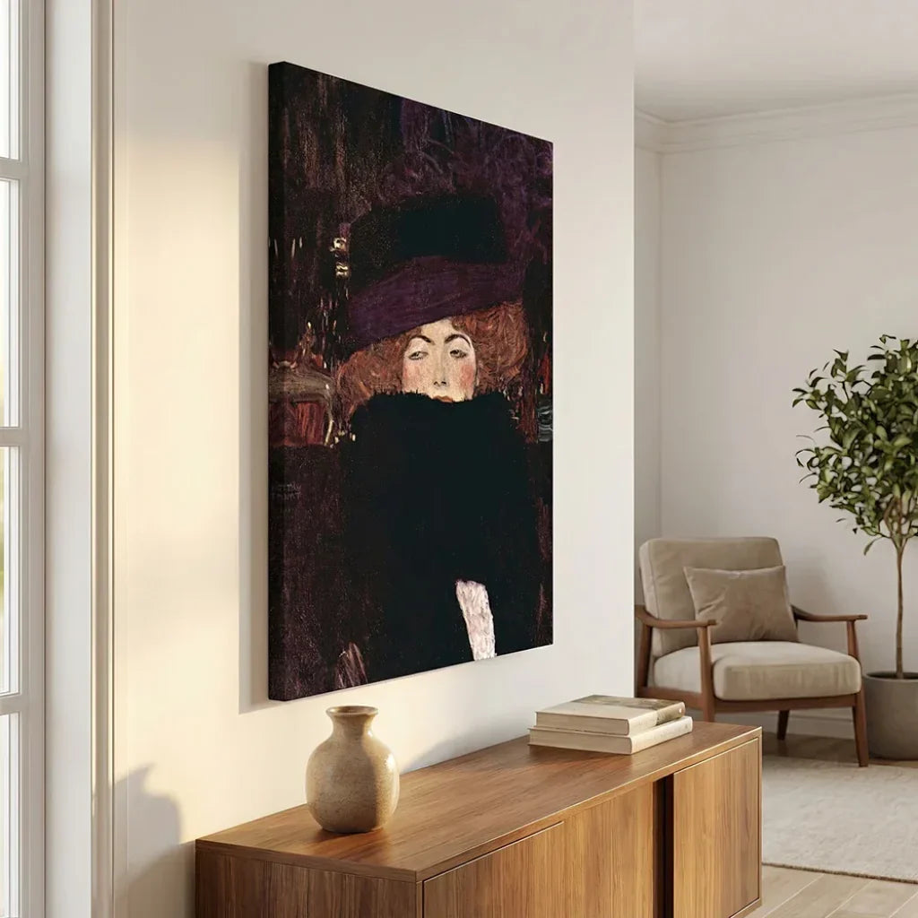 Painting by Gustav Klimt, Woman with a Hat, an elegant portrait in dark tones
