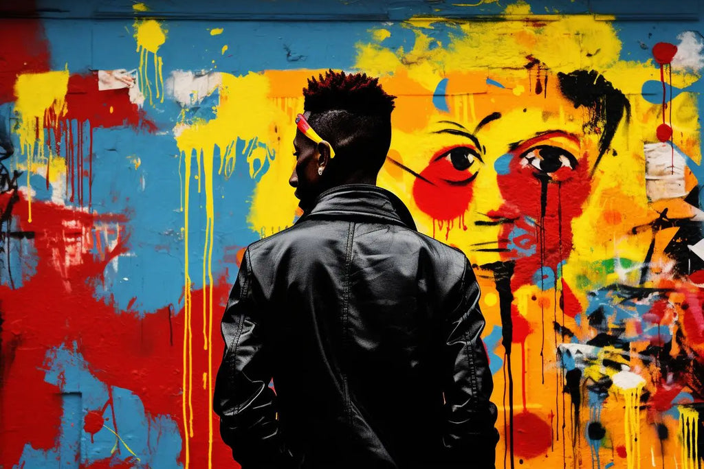 Un homme de dos en veste en cuir noire regarde une fresque de street art colorée dans un article intitulé Le Street Art de Basquiat.