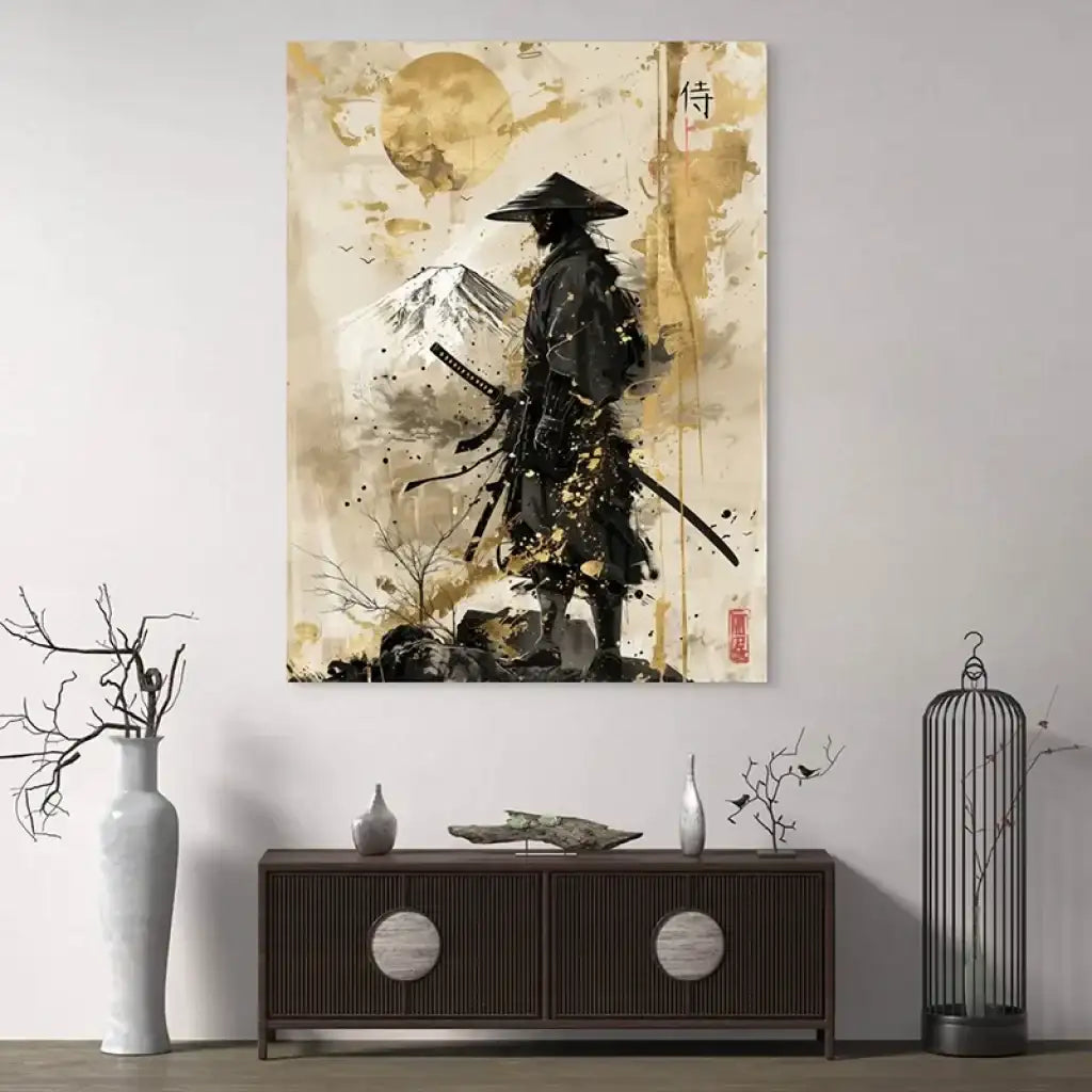 Art mural japonais sur toile – guerrier samouraï en noir et or