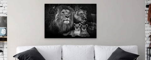 impression sur toile en noir et blanc représentant un lion majestueux et ses lionceaux pour décorer un salon