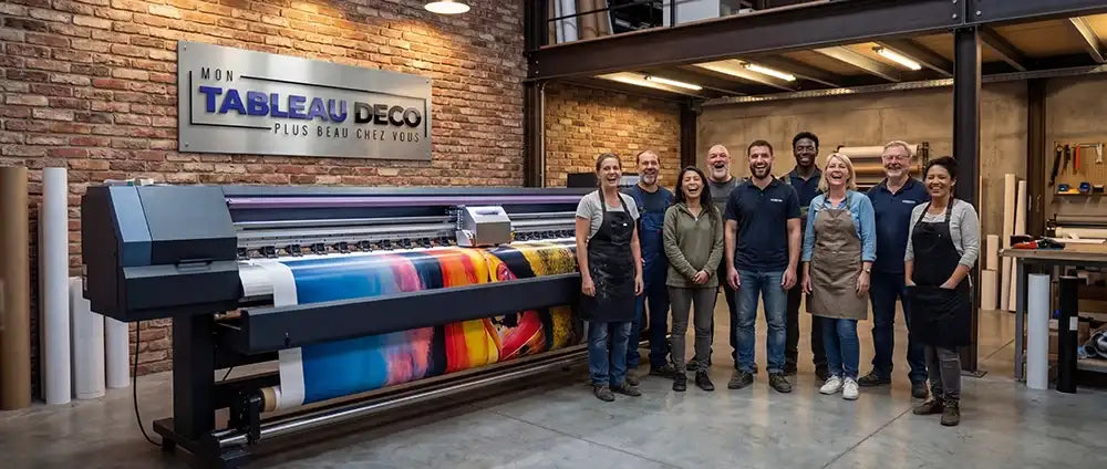 La grande imprimante industrielle avec un rouleau d'impression vibrant et multicolore s'étendant sur toute sa largeur.